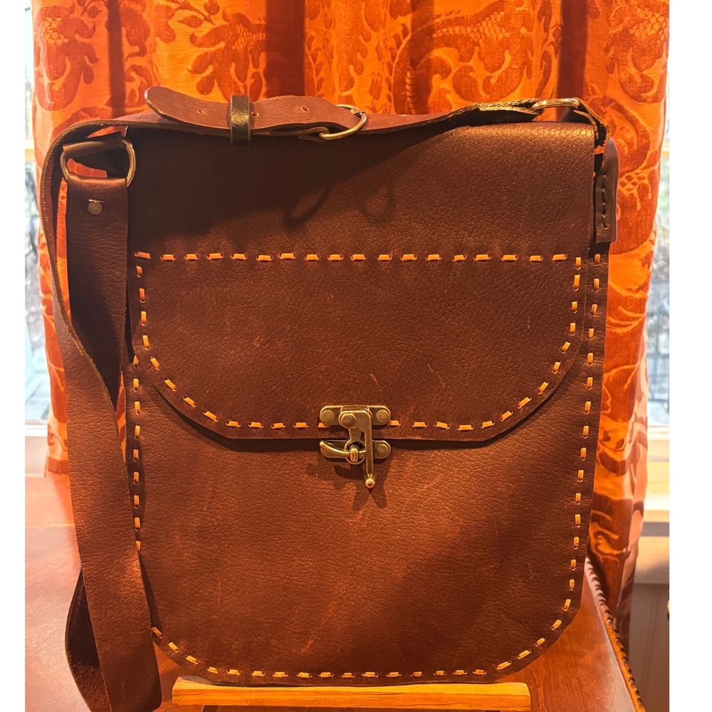 Handmade Brown Leather Messenger Bag Satchel Whipstitch Brass Latch Crossbody